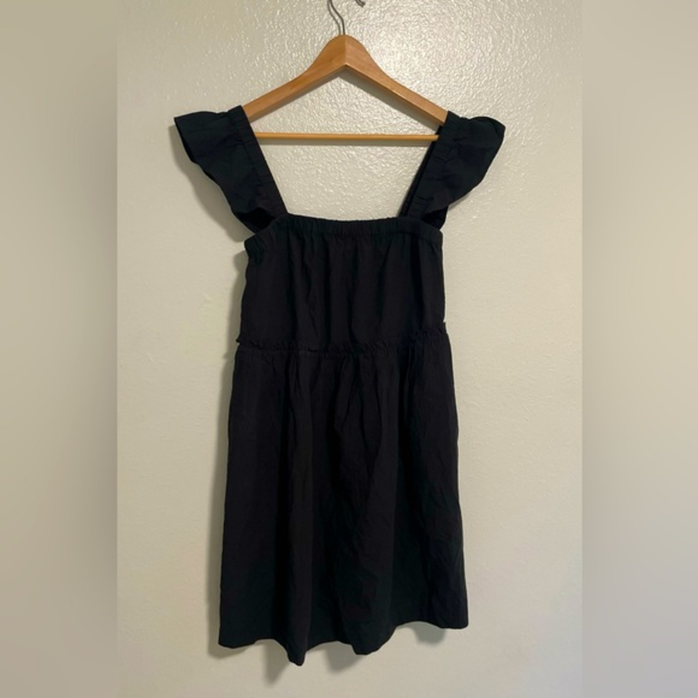 NWT Madewell Mini Dress Flutter Sleeve Square-Neck Ruffle Waist Pockets Black  S